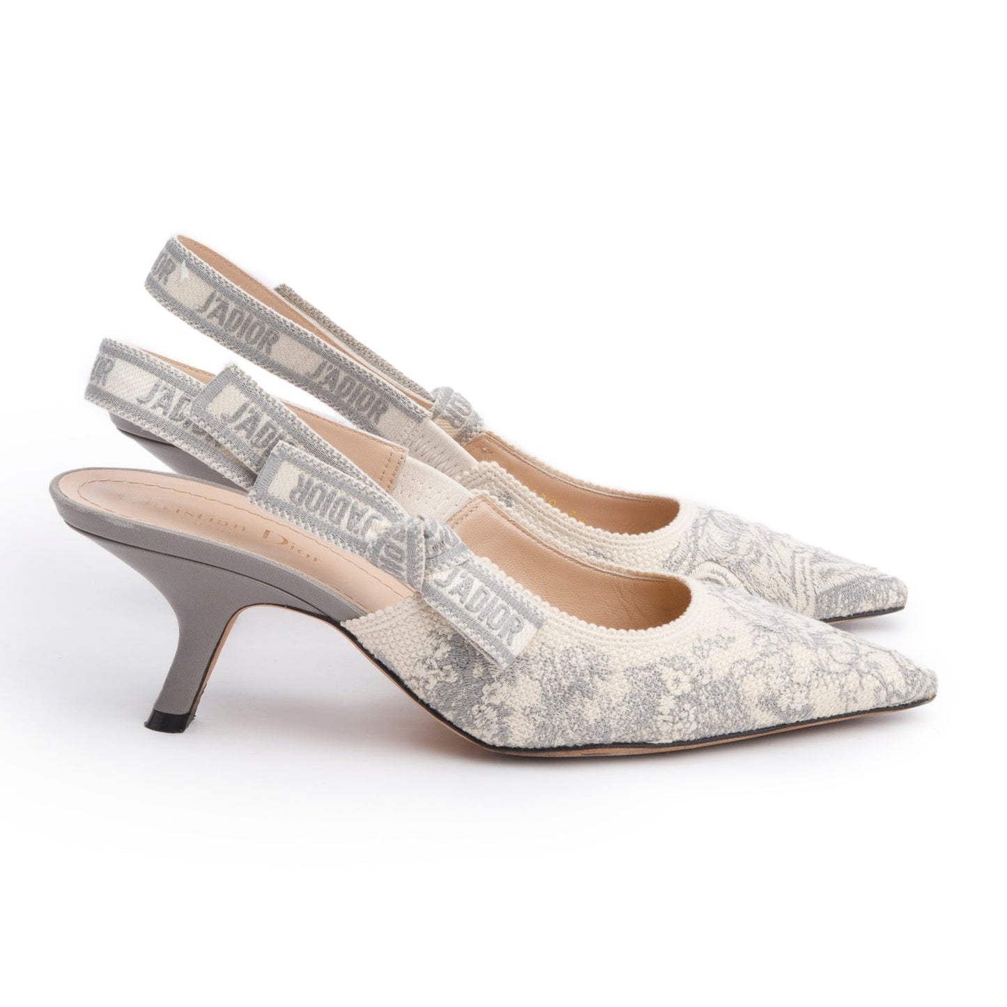 Christian Dior Grey Technical Fabric Toile De Jouy Embroidery J'Adior Slingback Pumps, Size 39
