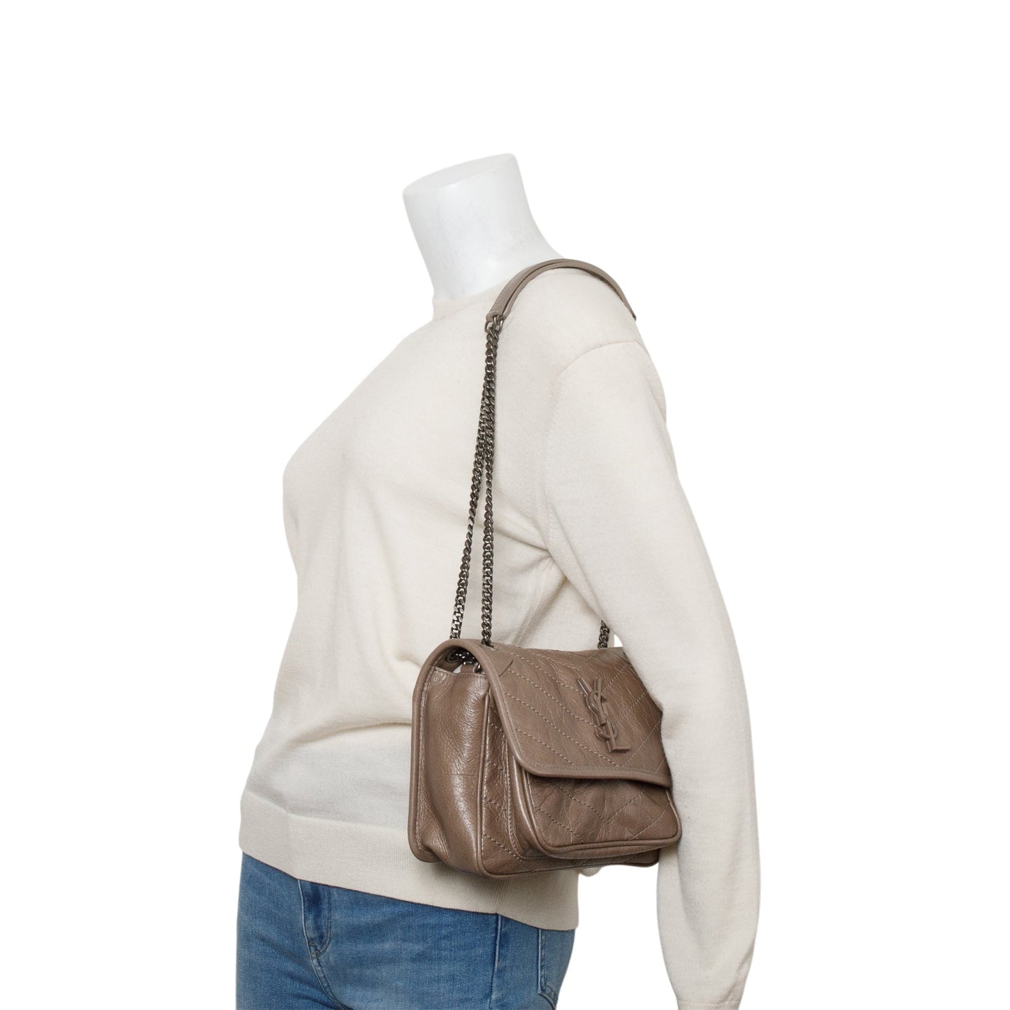 Saint Laurent Beige Crinkled Calfskin Matelasse Leather Baby Niki Shoulder Bag