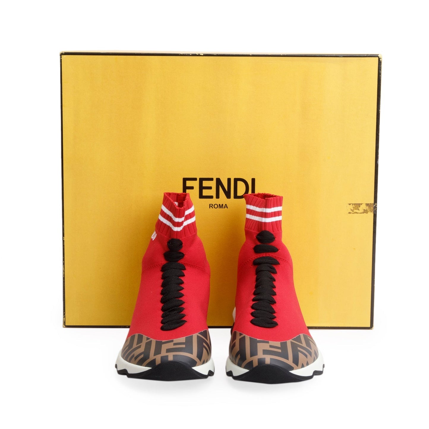 Fendi Red Stretch Knit FF Zucca Calfskin Mania Sock Sneakers, Size 38