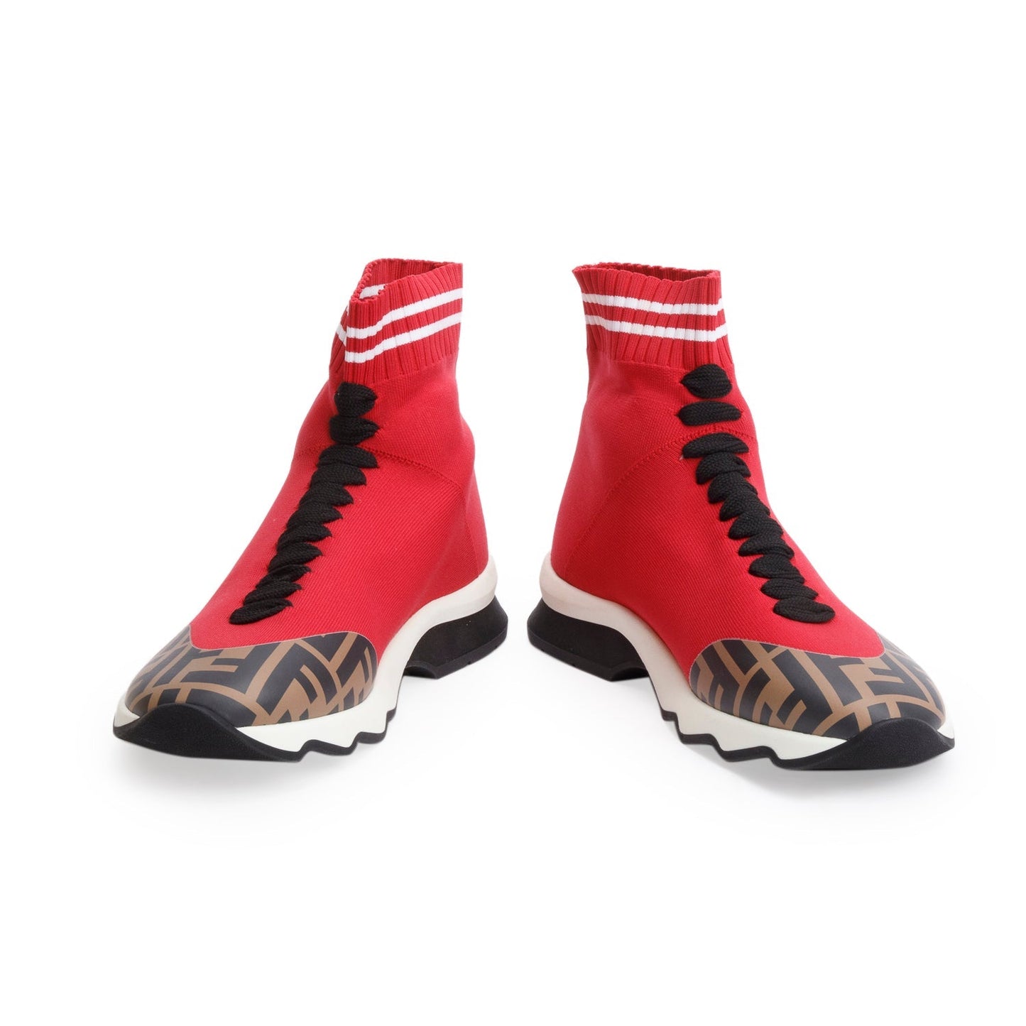 Fendi Red Stretch Knit FF Zucca Calfskin Mania Sock Sneakers, Size 38