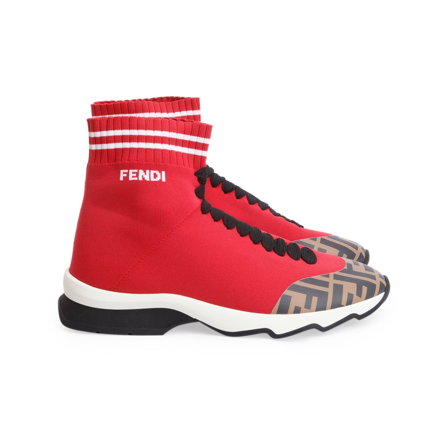 Fendi Red Stretch Knit FF Zucca Calfskin Mania Sock Sneakers, Size 38