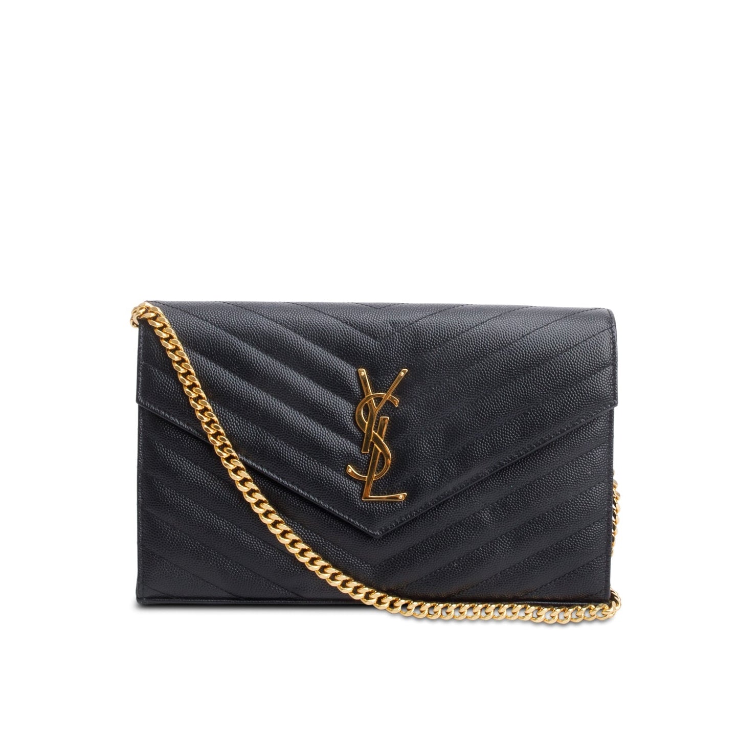 Saint Laurent 2023 Black Grain De Poudre Leather Cassandre Envelope Chain Wallet