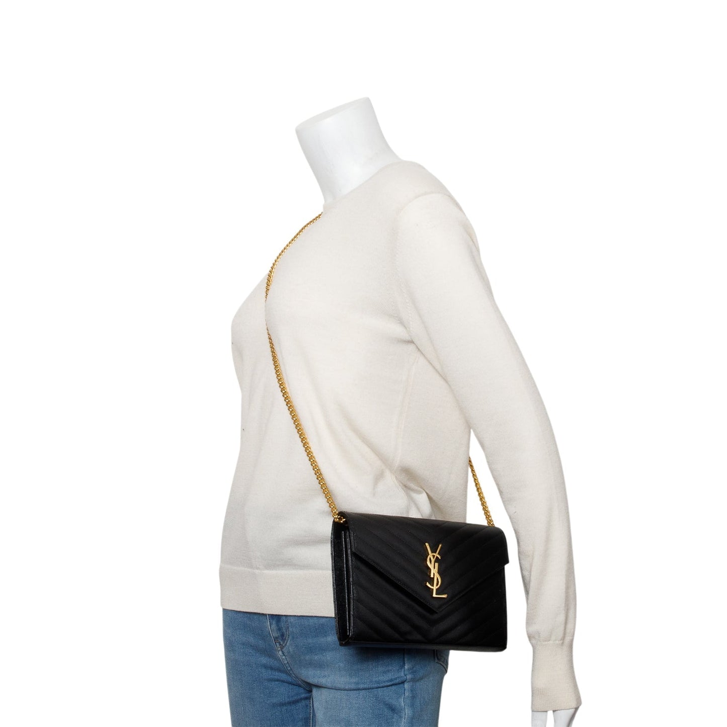 Saint Laurent 2023 Black Grain De Poudre Leather Cassandre Envelope Chain Wallet