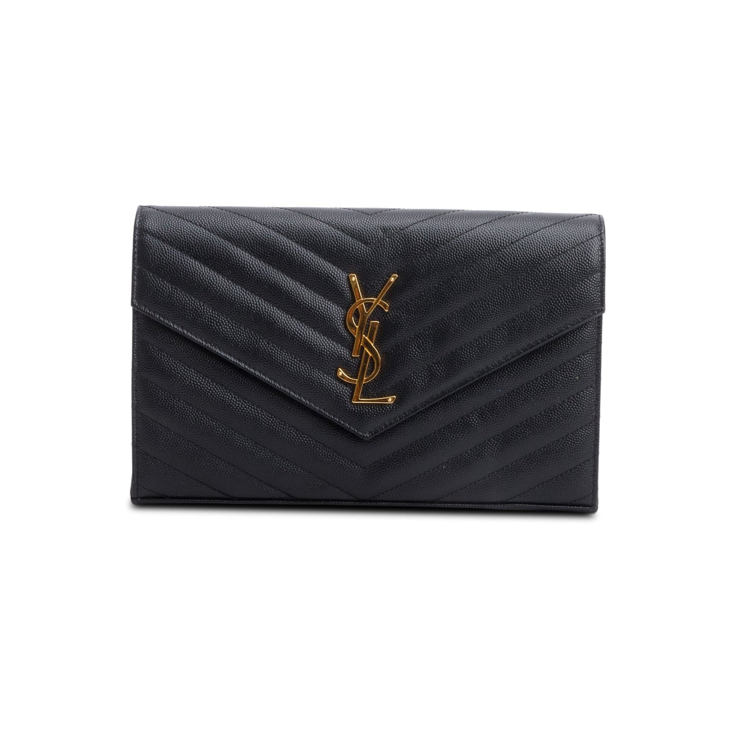 Saint Laurent 2023 Black Grain De Poudre Leather Cassandre Envelope Chain Wallet