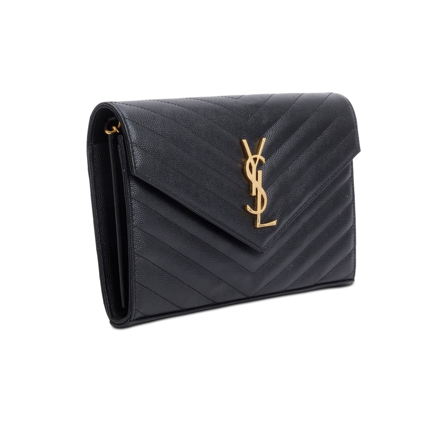 Saint Laurent 2023 Black Grain De Poudre Leather Cassandre Envelope Chain Wallet