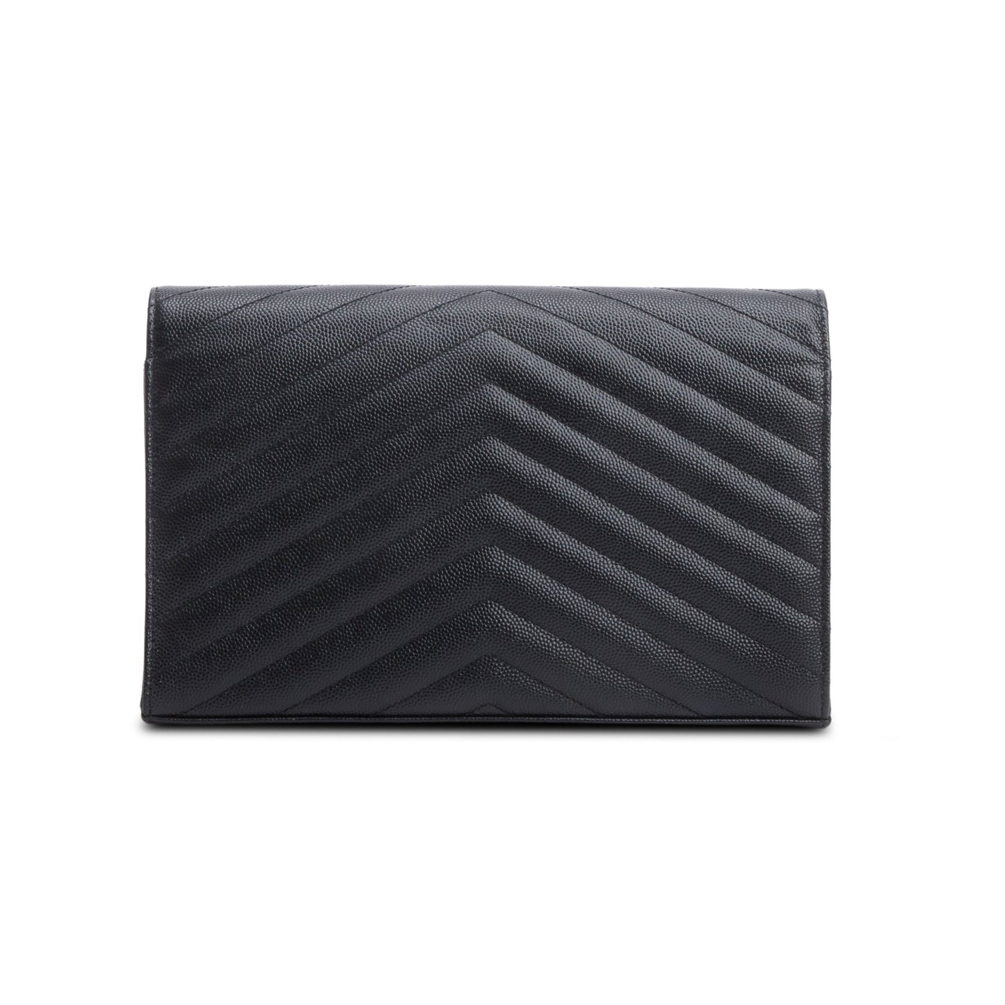 Saint Laurent 2023 Black Grain De Poudre Leather Cassandre Envelope Chain Wallet