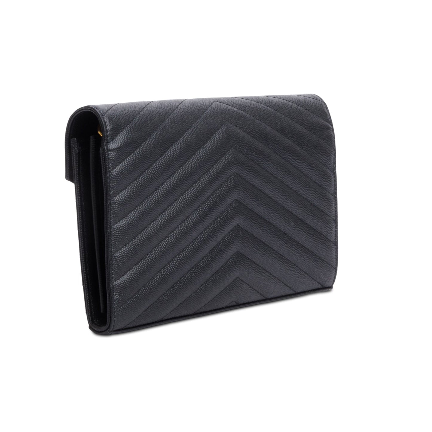 Saint Laurent 2023 Black Grain De Poudre Leather Cassandre Envelope Chain Wallet