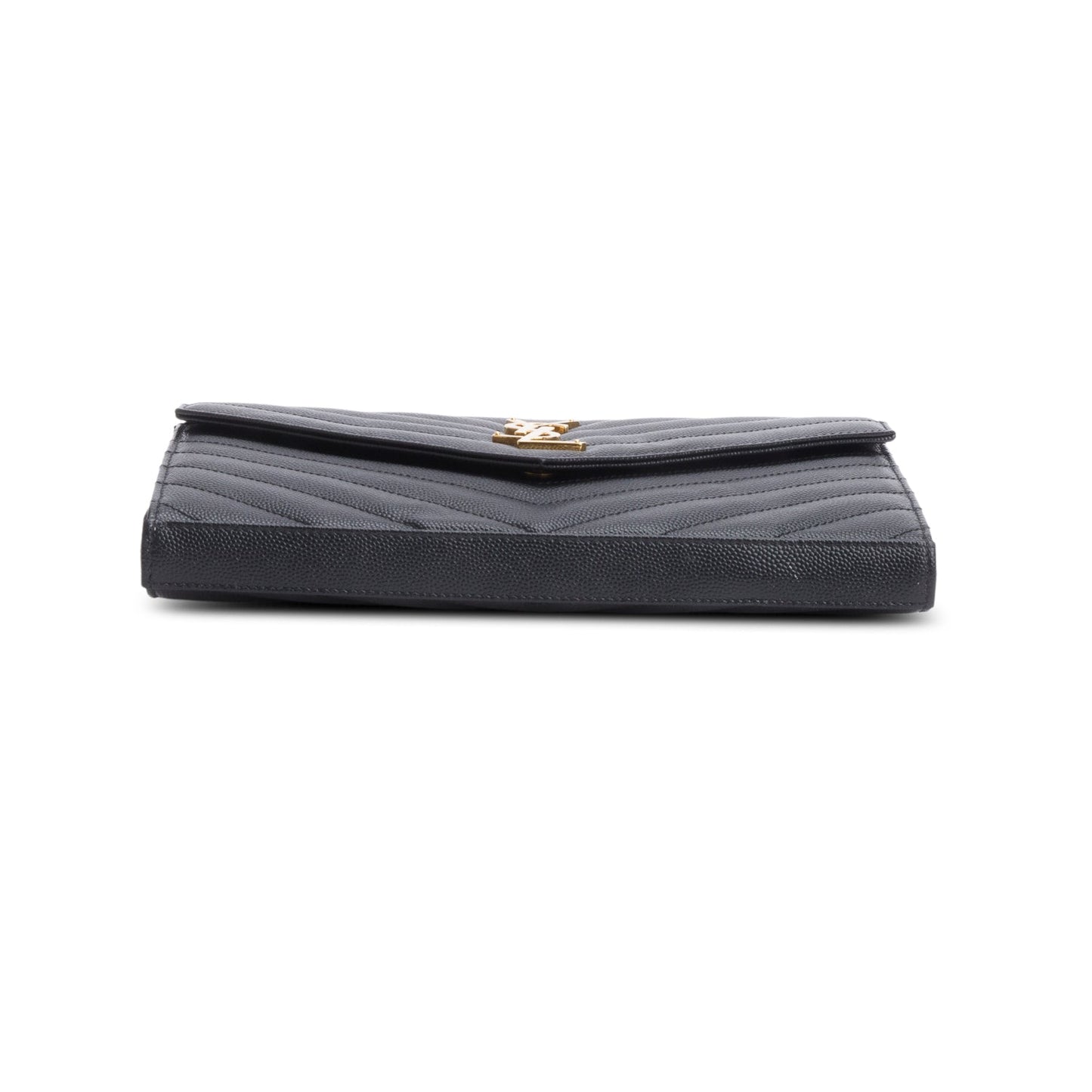 Saint Laurent 2023 Black Grain De Poudre Leather Cassandre Envelope Chain Wallet
