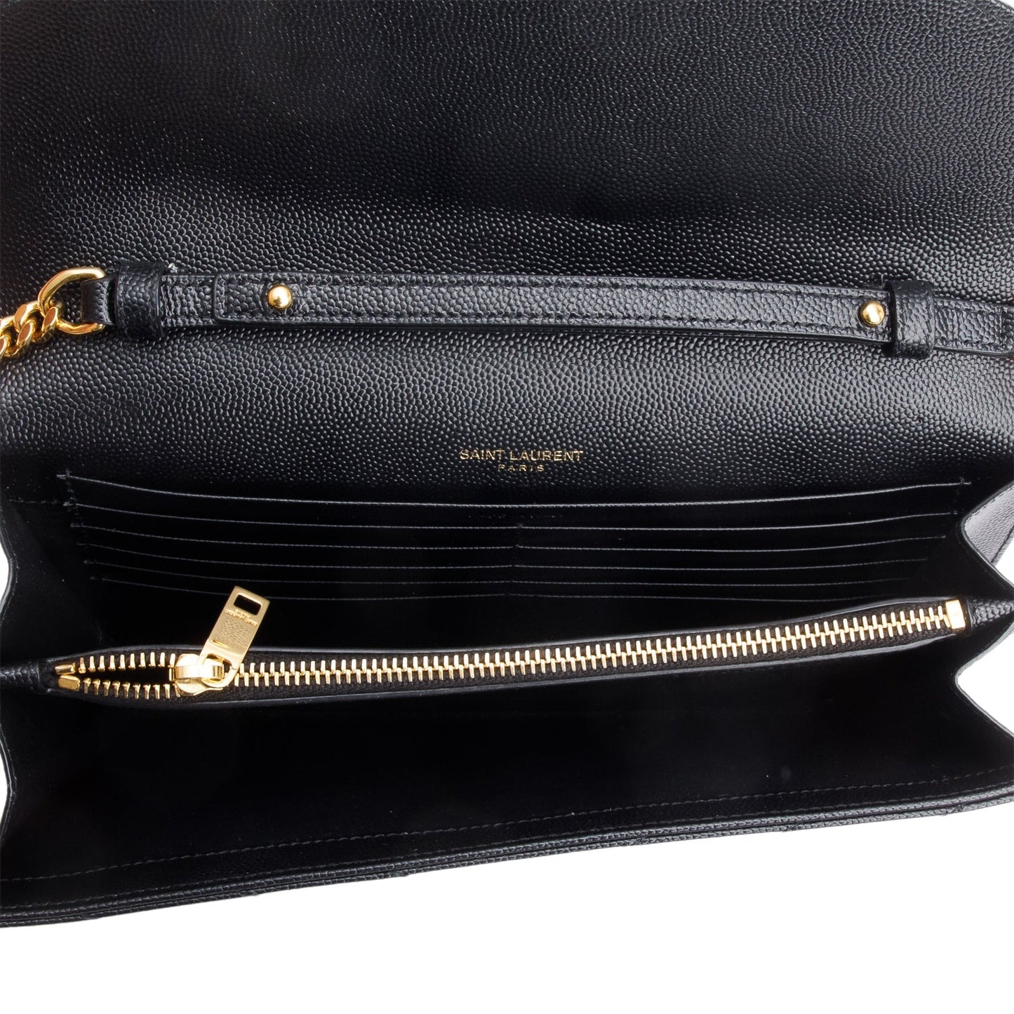 Saint Laurent 2023 Black Grain De Poudre Leather Cassandre Envelope Chain Wallet