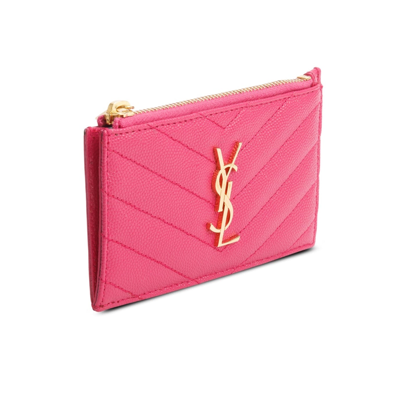 Saint Laurent 2023 Pink Grain De Poudre Leather Cassandre Matelasse Fragments Zipped Card Case