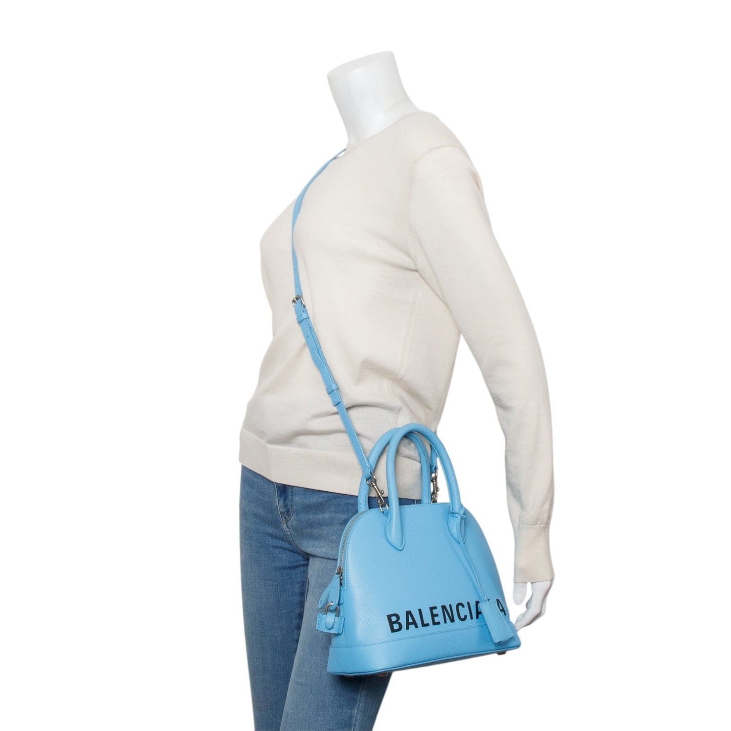 Balenciaga Blue Calfskin Logo S Ville Top Handle Bag
