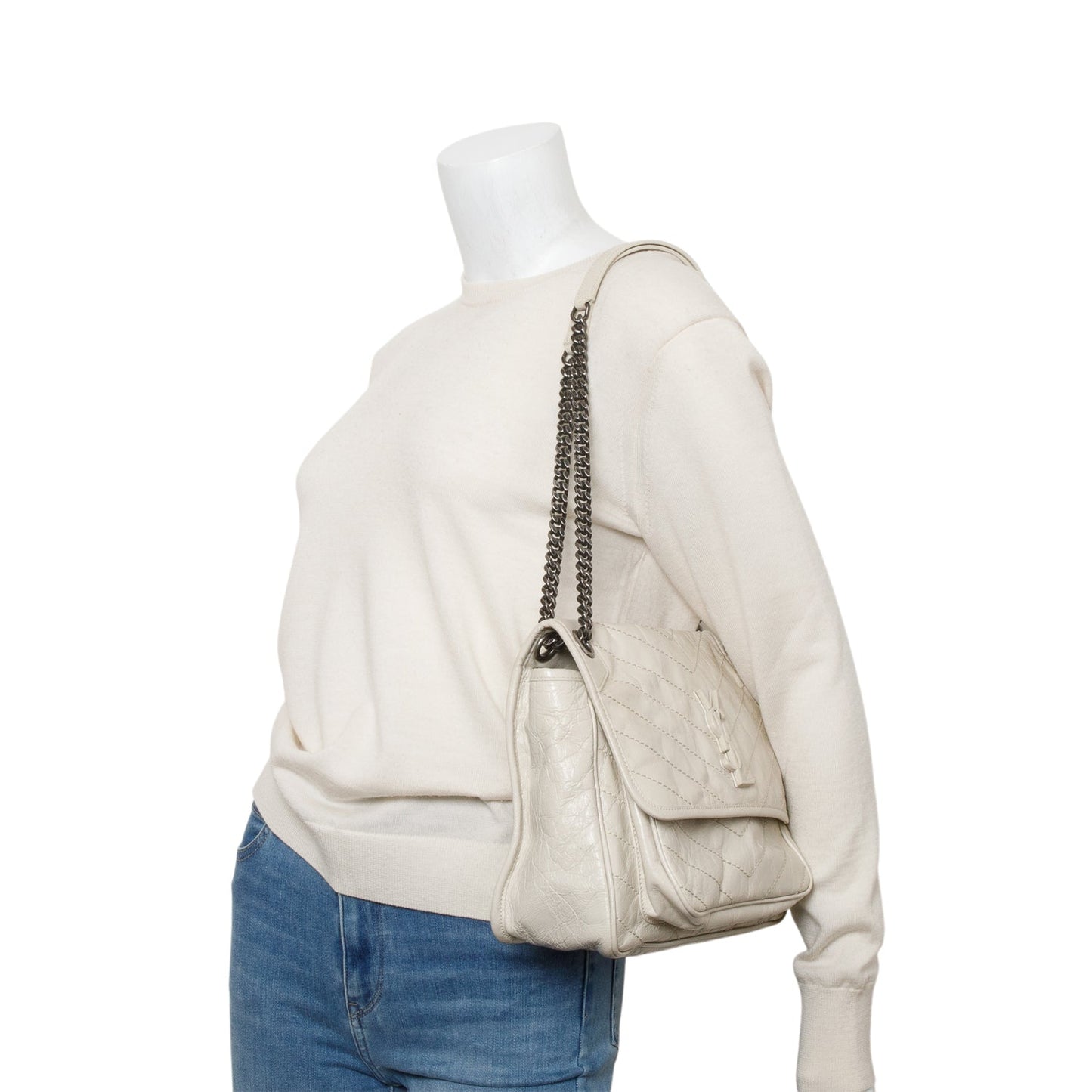 Saint Laurent Ivory   Leather Monogram Medium Niki Chain Satchel