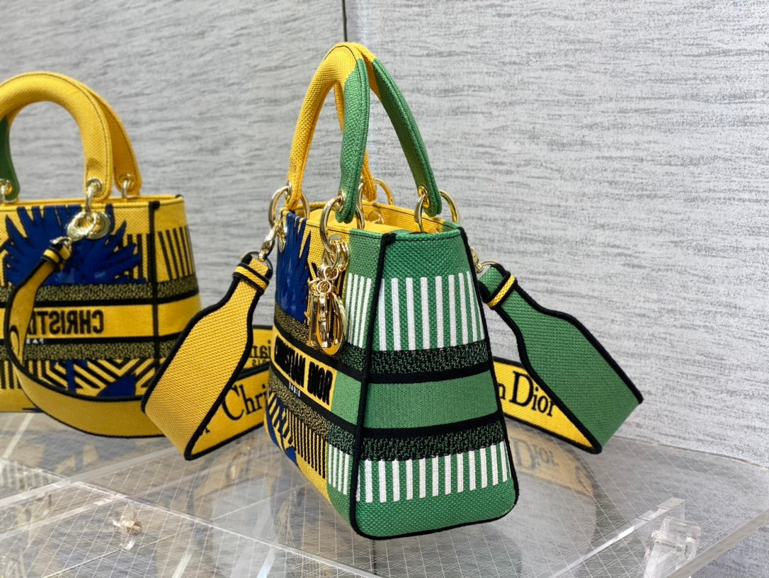 Top Quality MeTop Qualityum Lady D-Lite Bag D-Flower Pop Embroidery, Bright Yellow/Green Handbags, 24cm CD M0565OROO_M886
