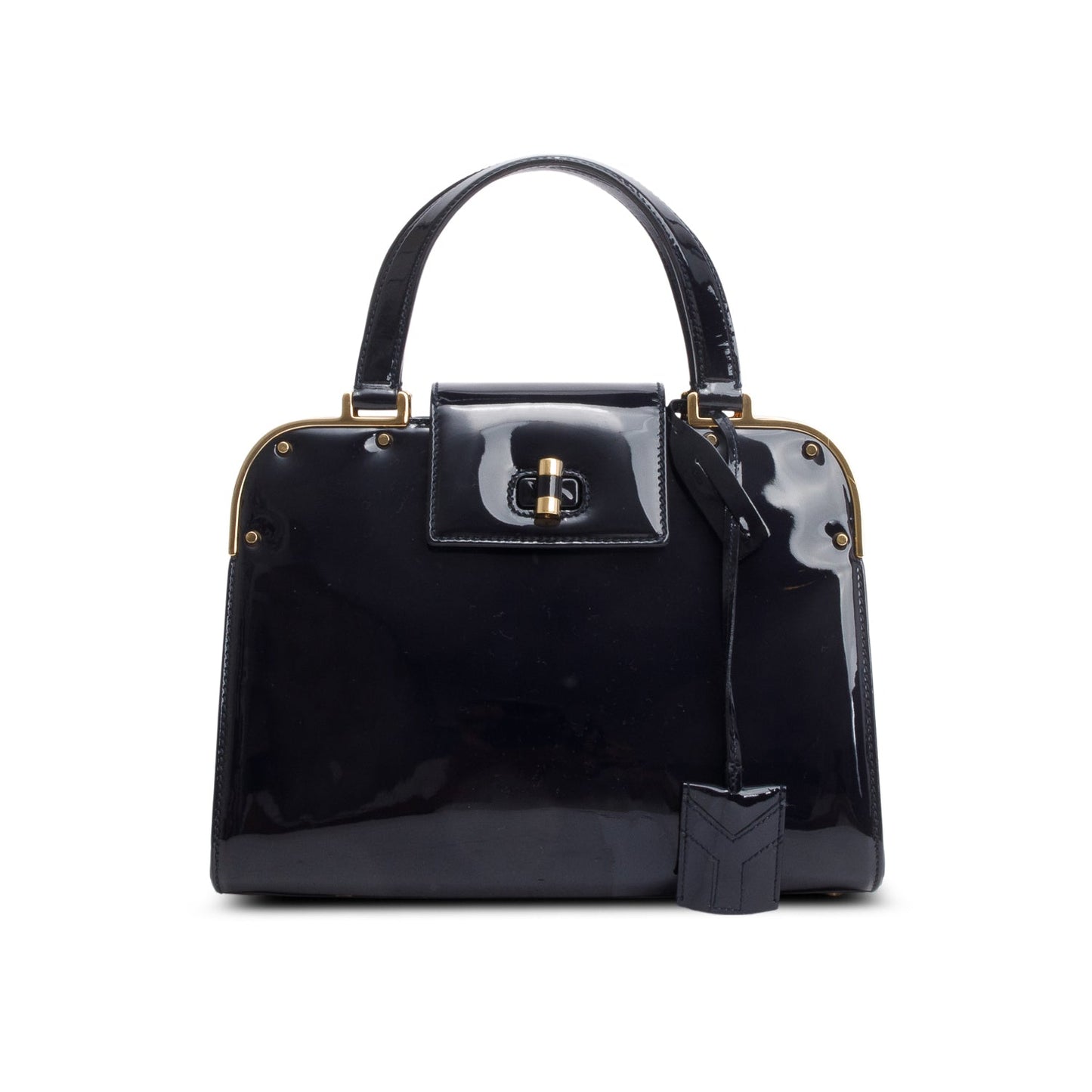 Saint Laurent Navy Patent Leather Rive Gauche Medium Uptown Handle Bag