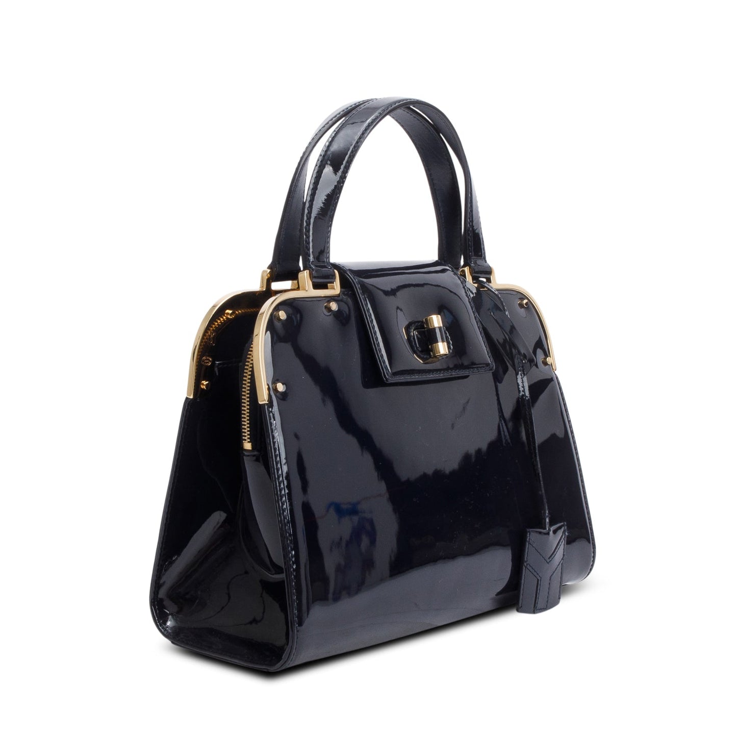 Saint Laurent Navy Patent Leather Rive Gauche Medium Uptown Handle Bag