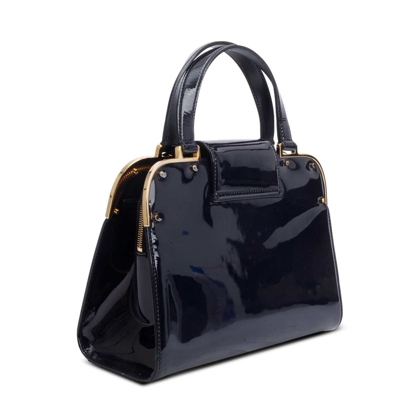 Saint Laurent Navy Patent Leather Rive Gauche Medium Uptown Handle Bag