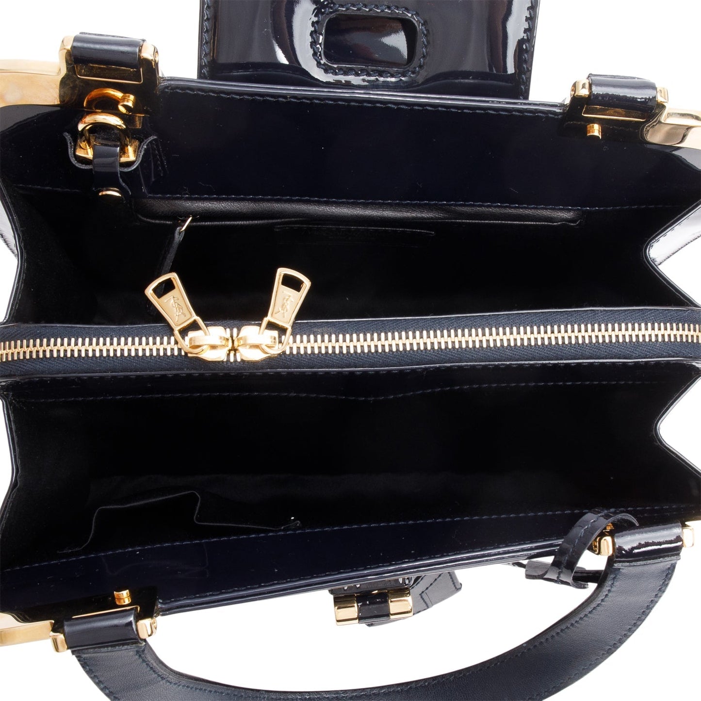 Saint Laurent Navy Patent Leather Rive Gauche Medium Uptown Handle Bag
