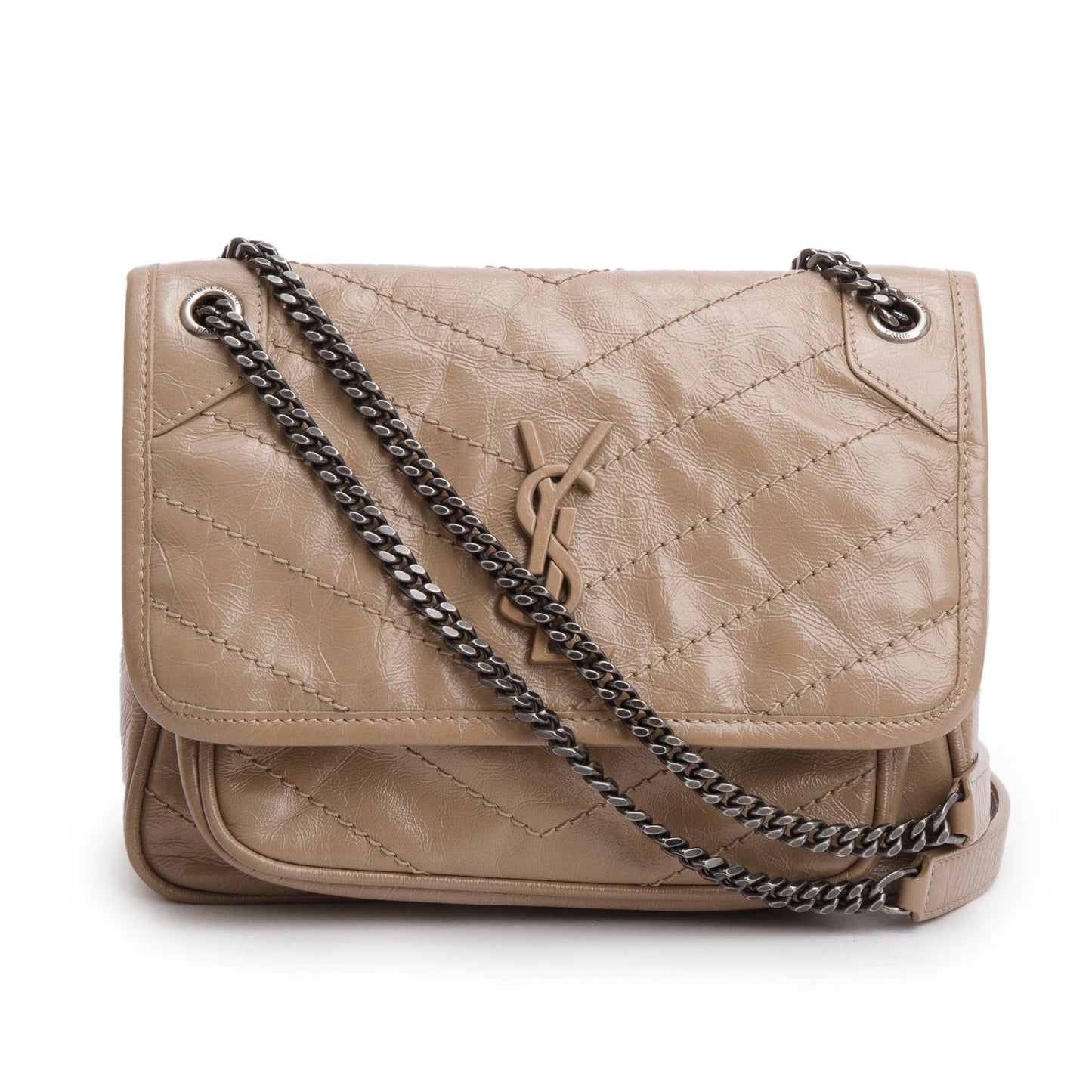 Saint Laurent Beige Crinkled Calfskin Matelasse Leather Baby Niki Shoulder Bag