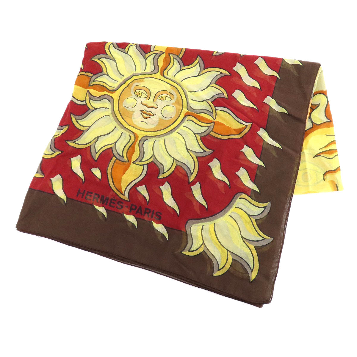 HERMES Stall cotton Brown Sun pattern large scarf Women  d