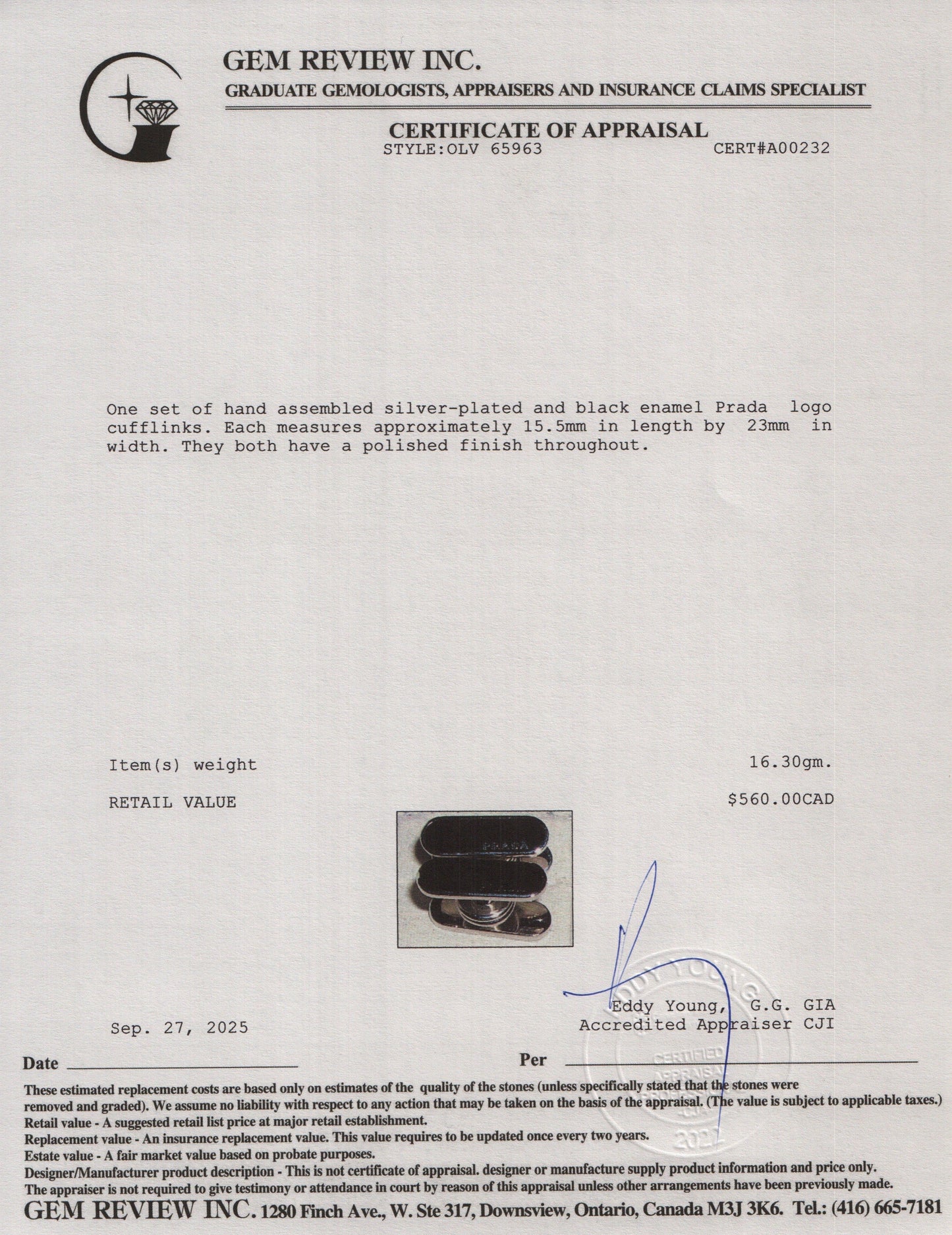 Prada Silver-Plated Black Enamel Logo Cufflinks