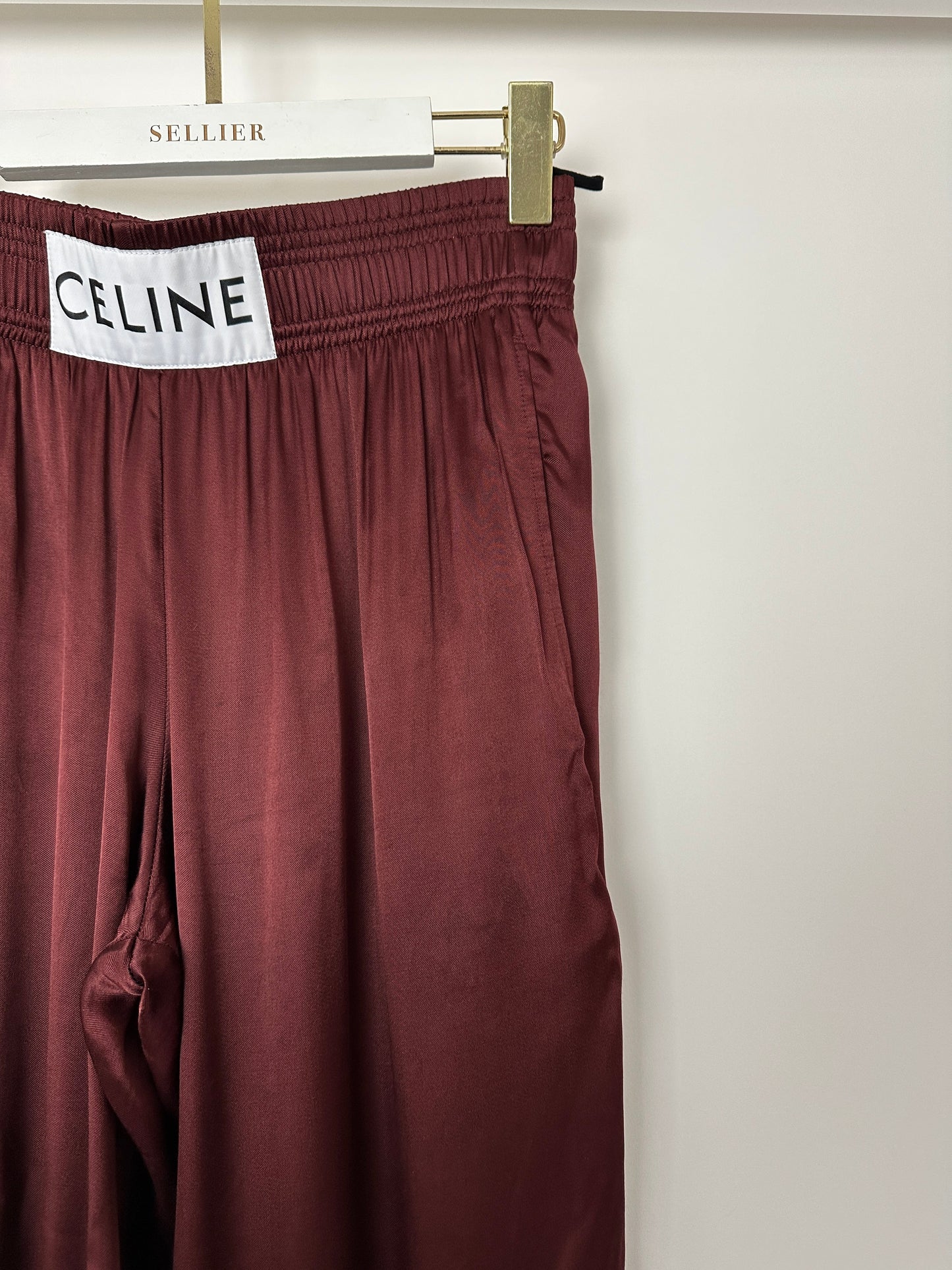 Celine Burgundy Satin Boxing Tro rs with Cuffed Hems and Waistband Logo Detail Size FR 34 (UK 6)