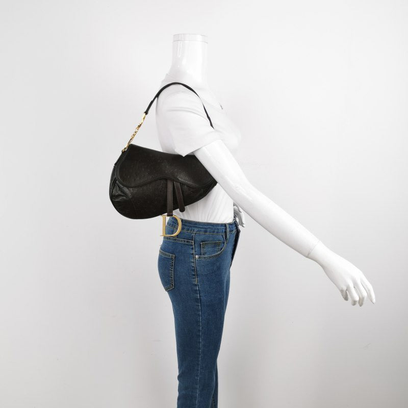 Dior Saddle   Ostrich Leather Dark Brown Shoulder Bag