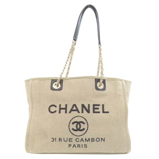 CHANEL Tote Bag canvas beige Deauville Gold Metal