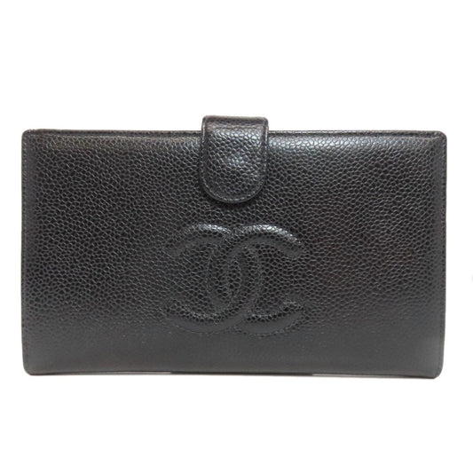 CHANEL Long Wallet Purse Grained Calfskin Skin black COCO Mark Gold Metal