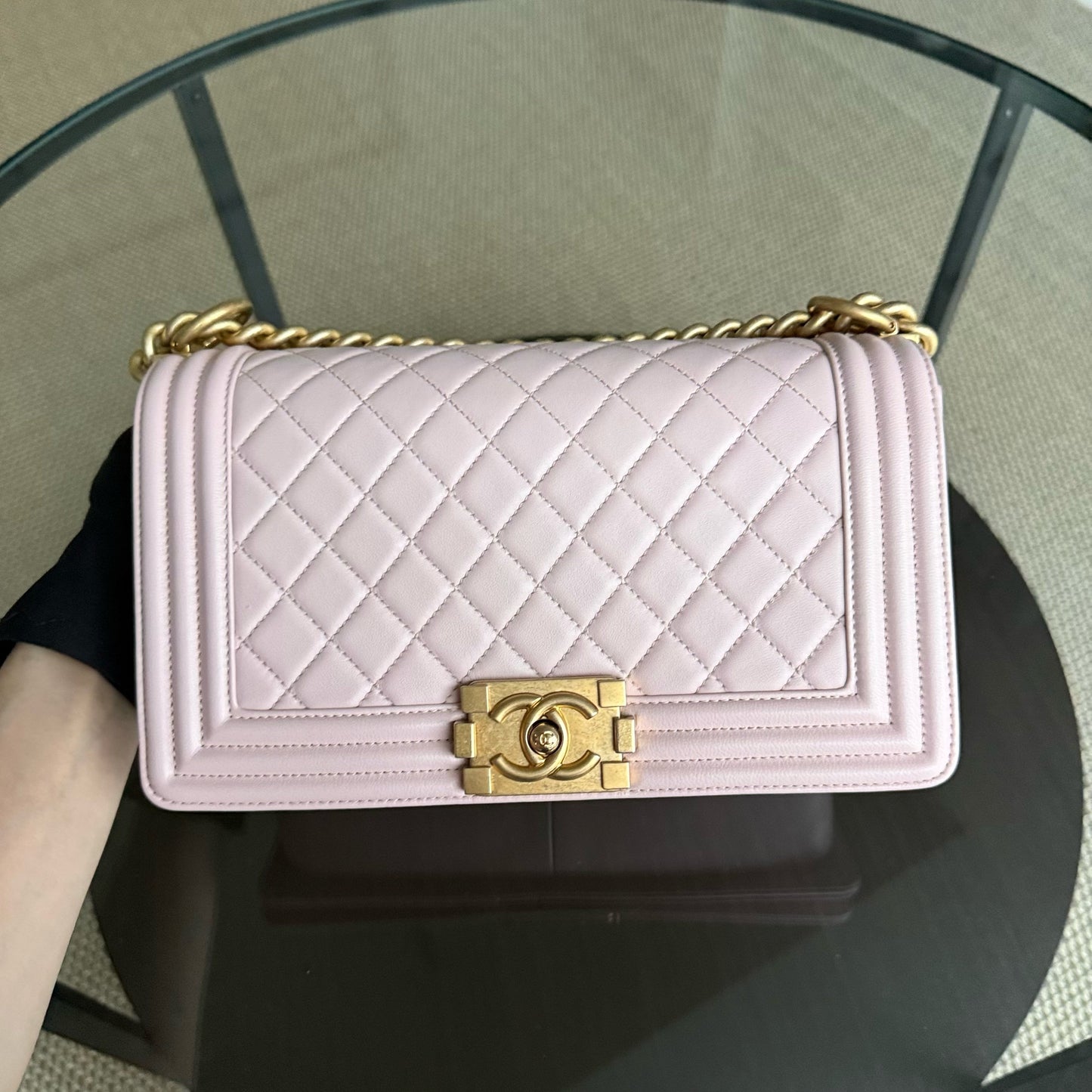 Chanel Boy Medium - 25CM Quilted Lambskin Sakura Light Pink Gold Hardware Series 24