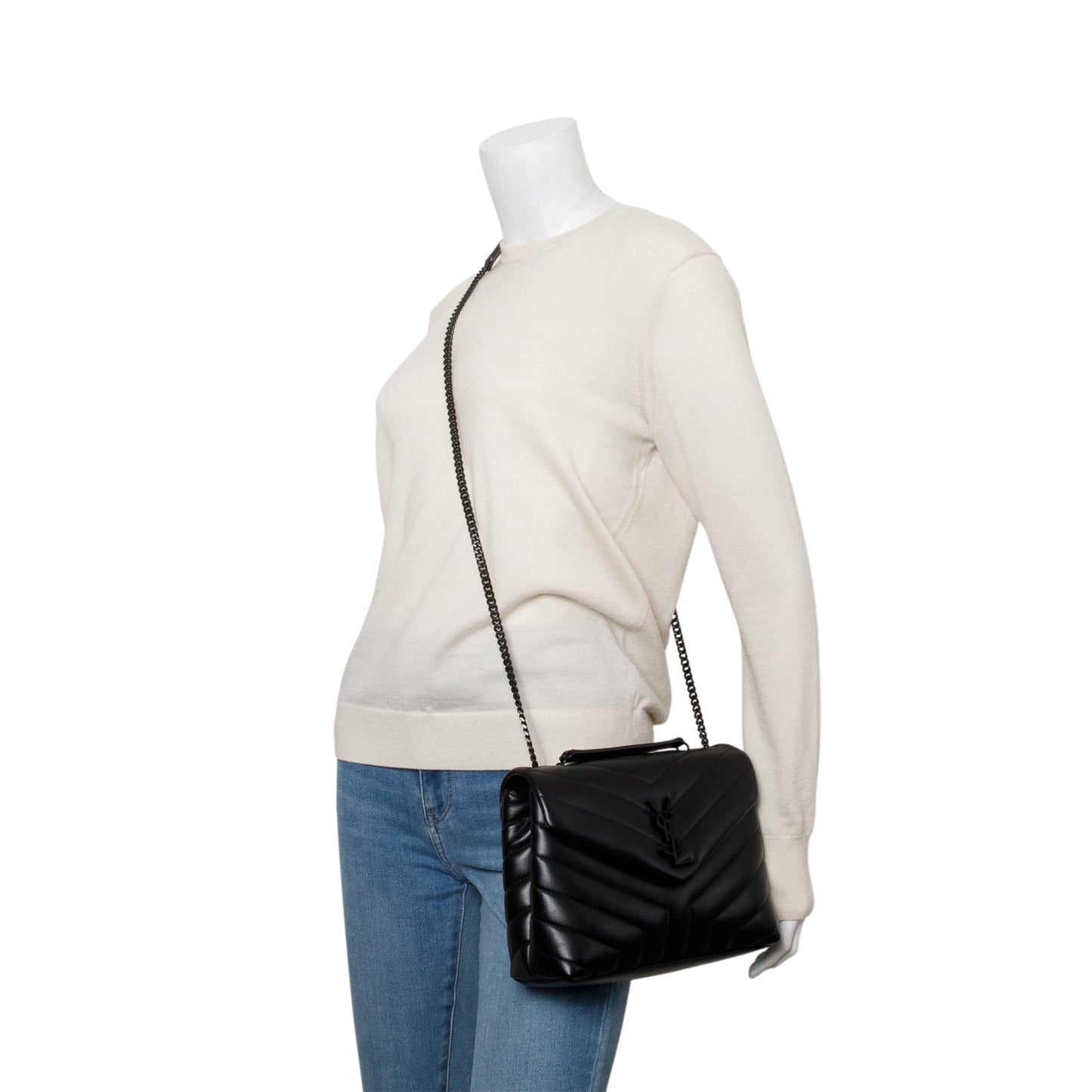 Saint Laurent 2022 Black Y Chevron Leather Small LouLou Shoulder Bag
