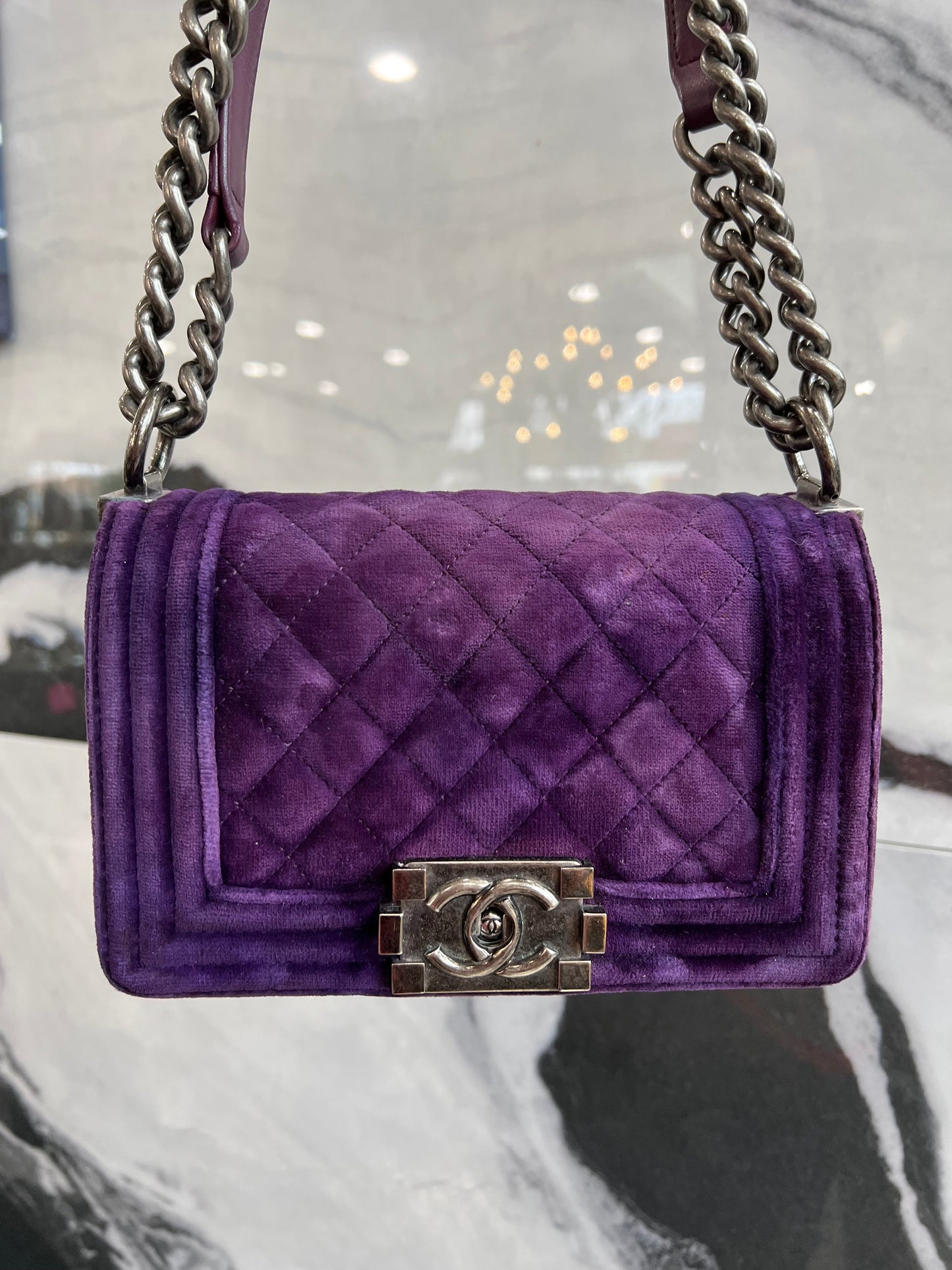 CHANEL VELVET QUILTED MINI BOY FLAP BAG IN PURPLE-HS