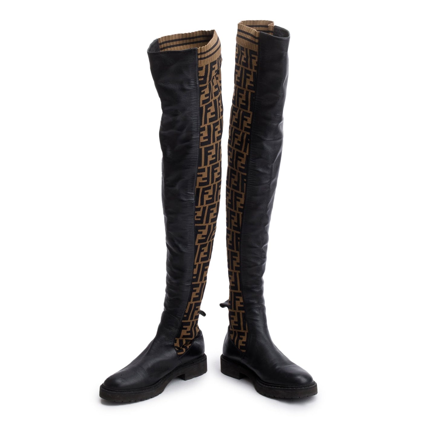 Fendi Brown Leather FF Logo Stretch Knit Over the Knee Rockoko Sock Boots, Size 37