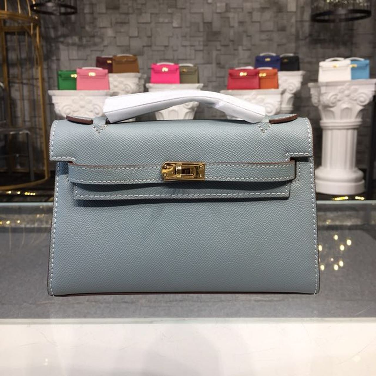 Top Quality Mini Kelly KP Pochette Blue Jean For Women Gold Toned Hardware 8.7in/22cm