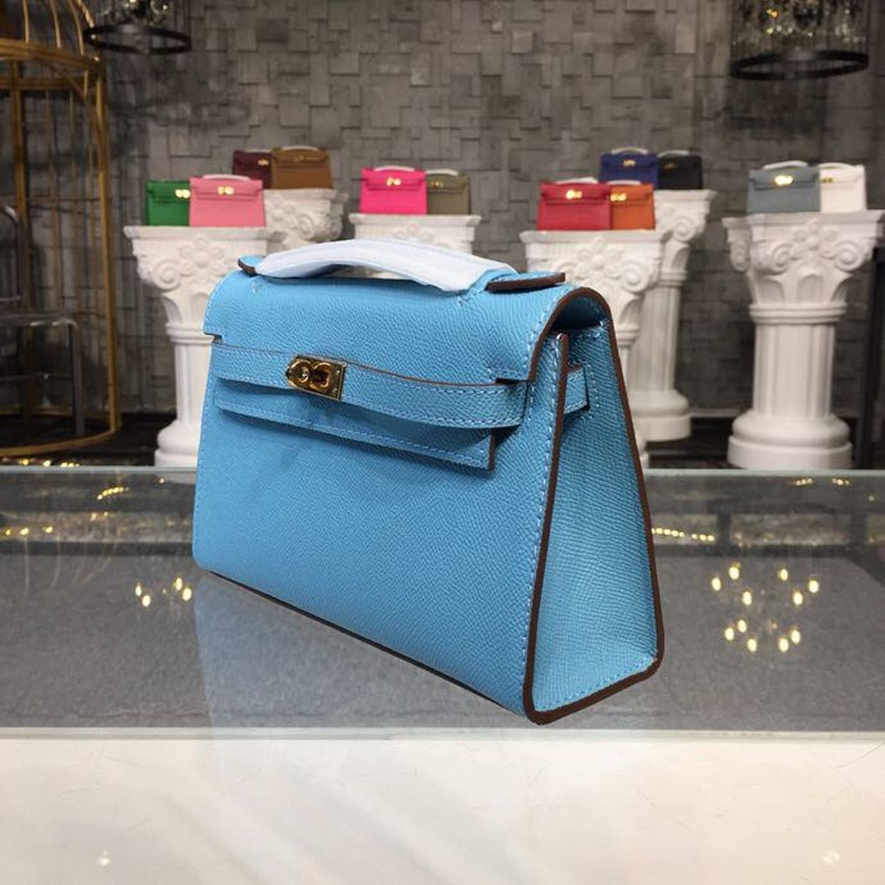 Top Quality Mini Kelly KP Pochette Blue For Women Gold Toned Hardware 8.7in/22cm