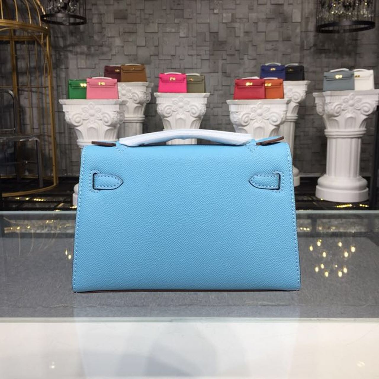Top Quality Mini Kelly KP Pochette Blue For Women Gold Toned Hardware 8.7in/22cm