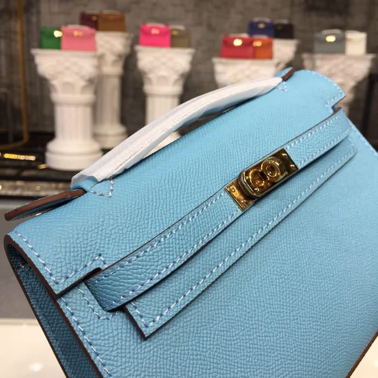 Top Quality Mini Kelly KP Pochette Blue For Women Gold Toned Hardware 8.7in/22cm
