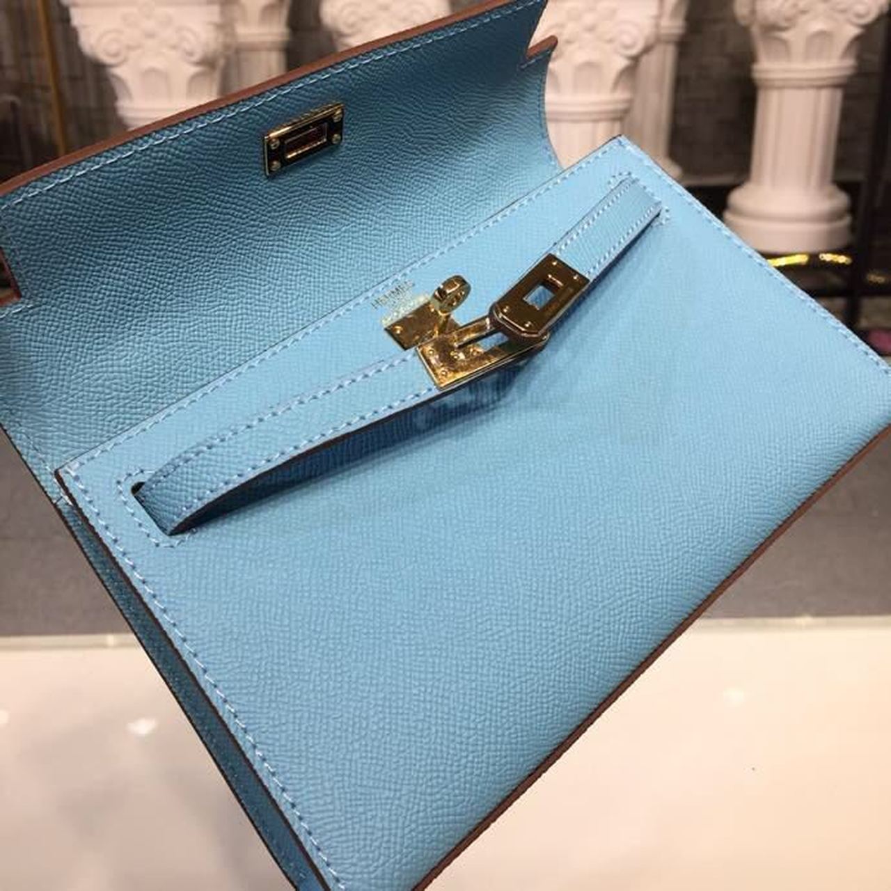 Top Quality Mini Kelly KP Pochette Blue For Women Gold Toned Hardware 8.7in/22cm