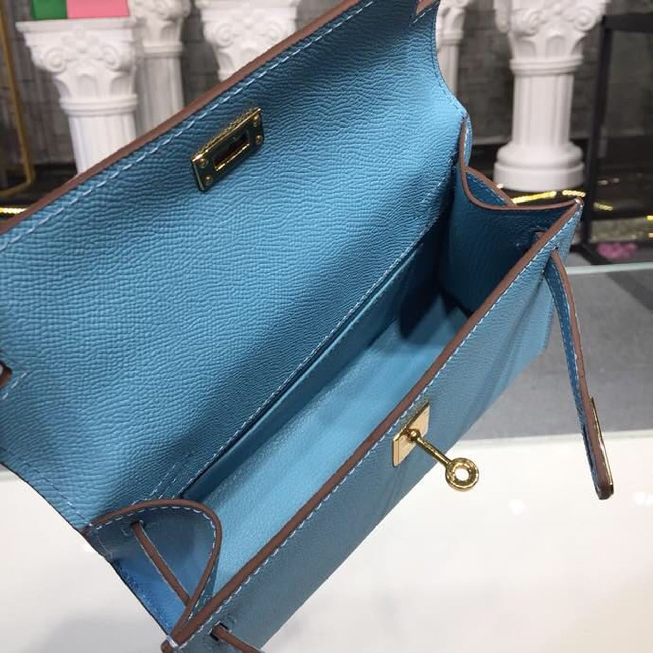 Top Quality Mini Kelly KP Pochette Blue For Women Gold Toned Hardware 8.7in/22cm