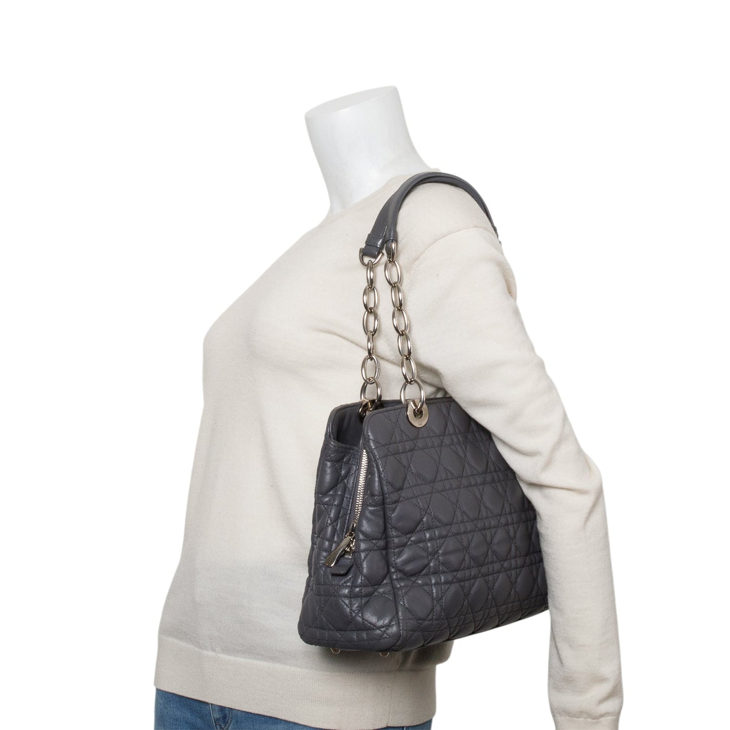 Christian Dior Grey Lambskin Cannage Small Dior Soft Zipped Shopping Tote