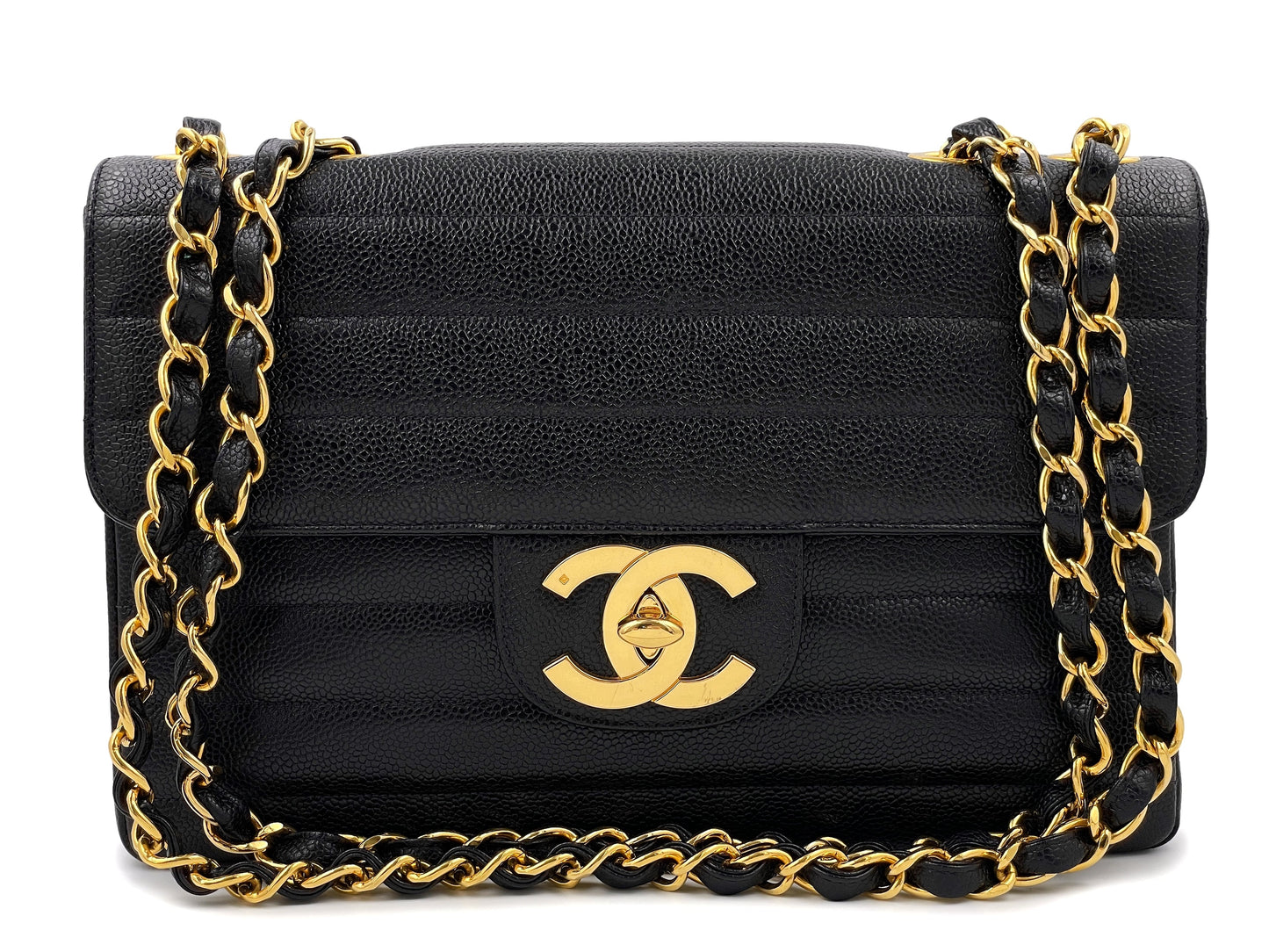 Chanel 1995   Black Caviar Horizontal Classic Jumbo Flap Bag 24k GHW