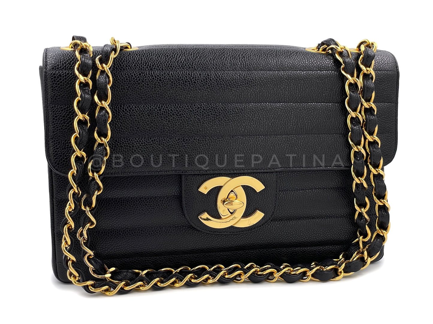 Chanel 1995   Black Caviar Horizontal Classic Jumbo Flap Bag 24k GHW