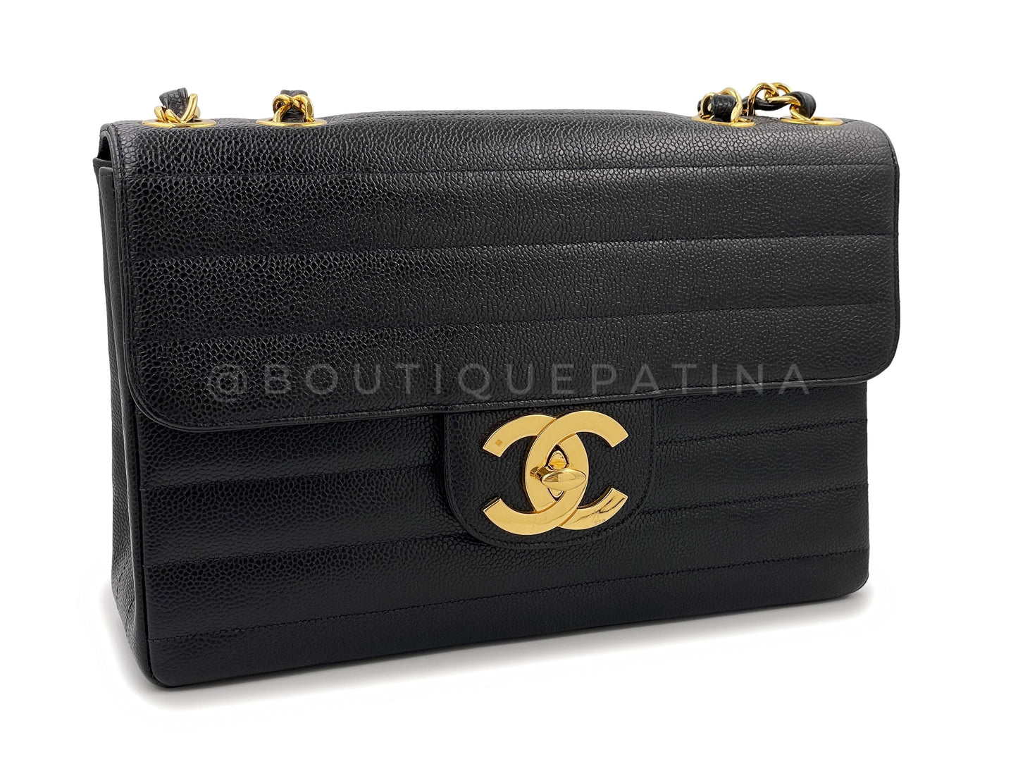 Chanel 1995   Black Caviar Horizontal Classic Jumbo Flap Bag 24k GHW