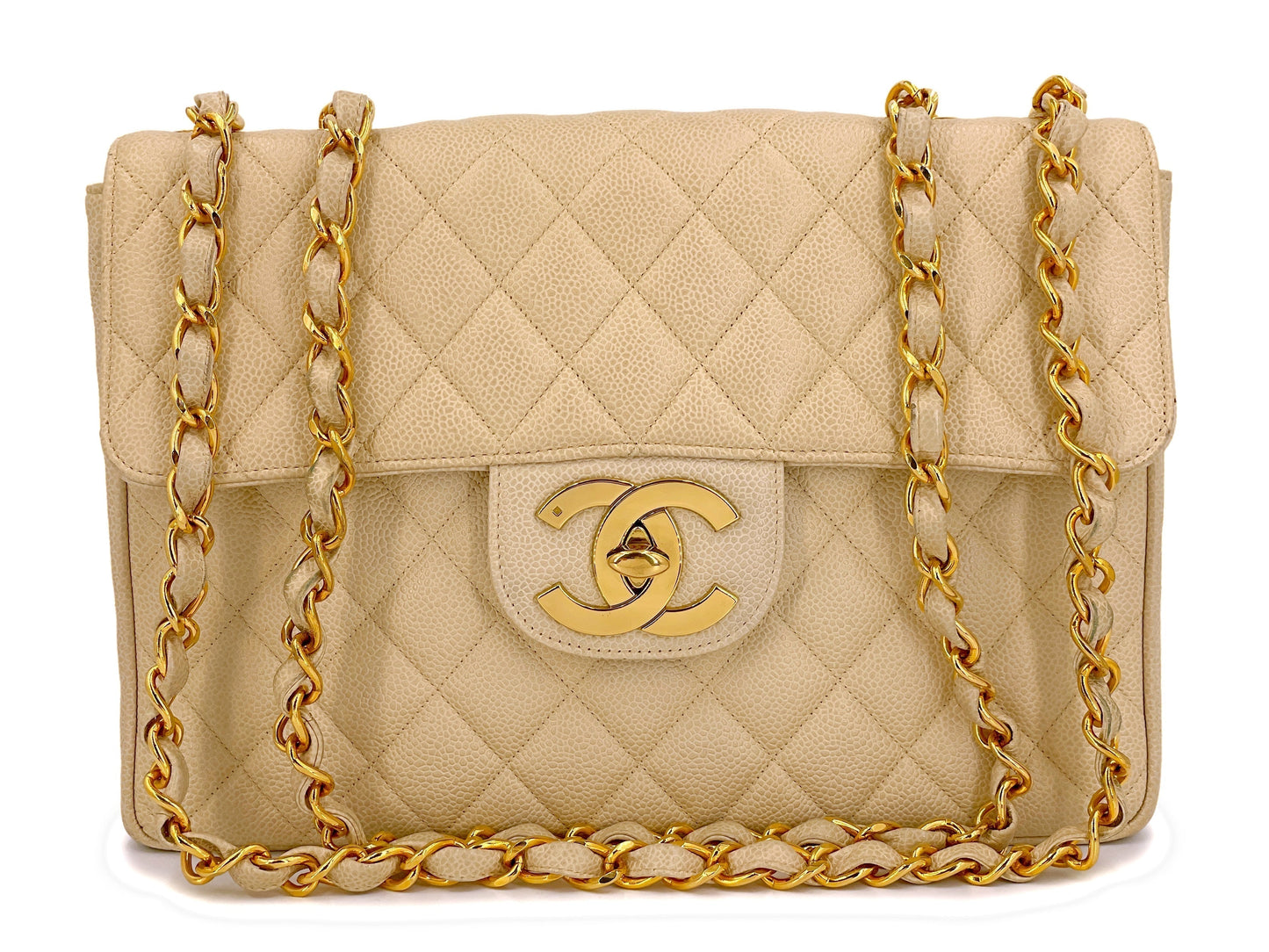 Chanel 1994   Light Beige Caviar Jumbo Classic Flap Bag 24k GHW