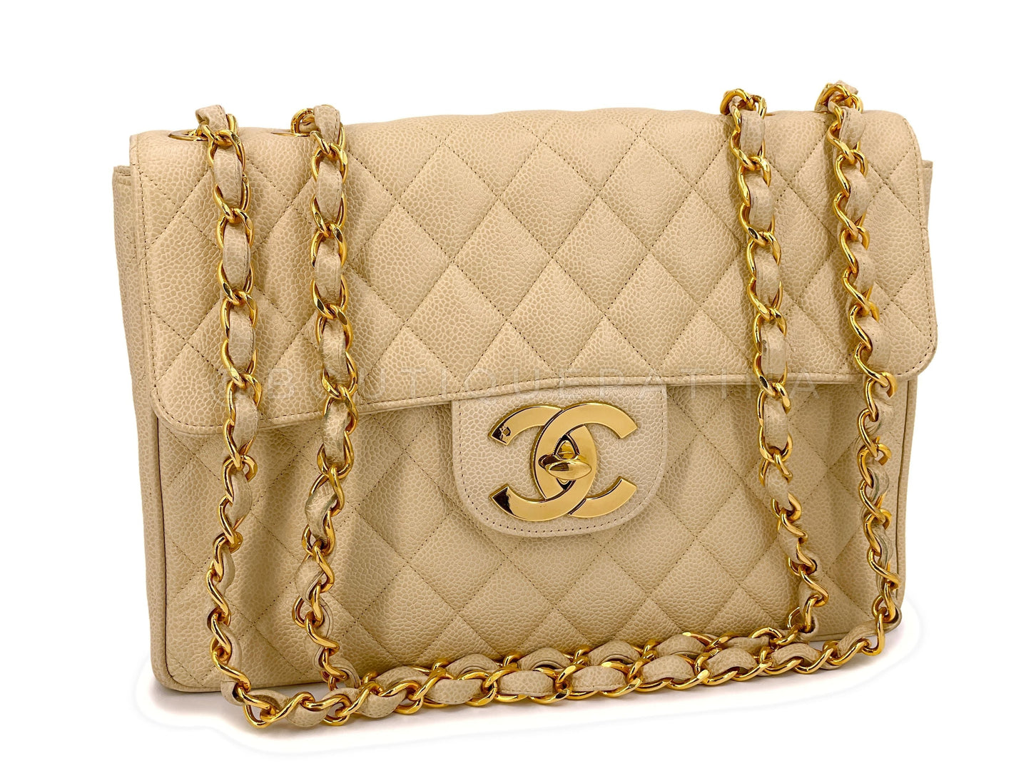Chanel 1994   Light Beige Caviar Jumbo Classic Flap Bag 24k GHW