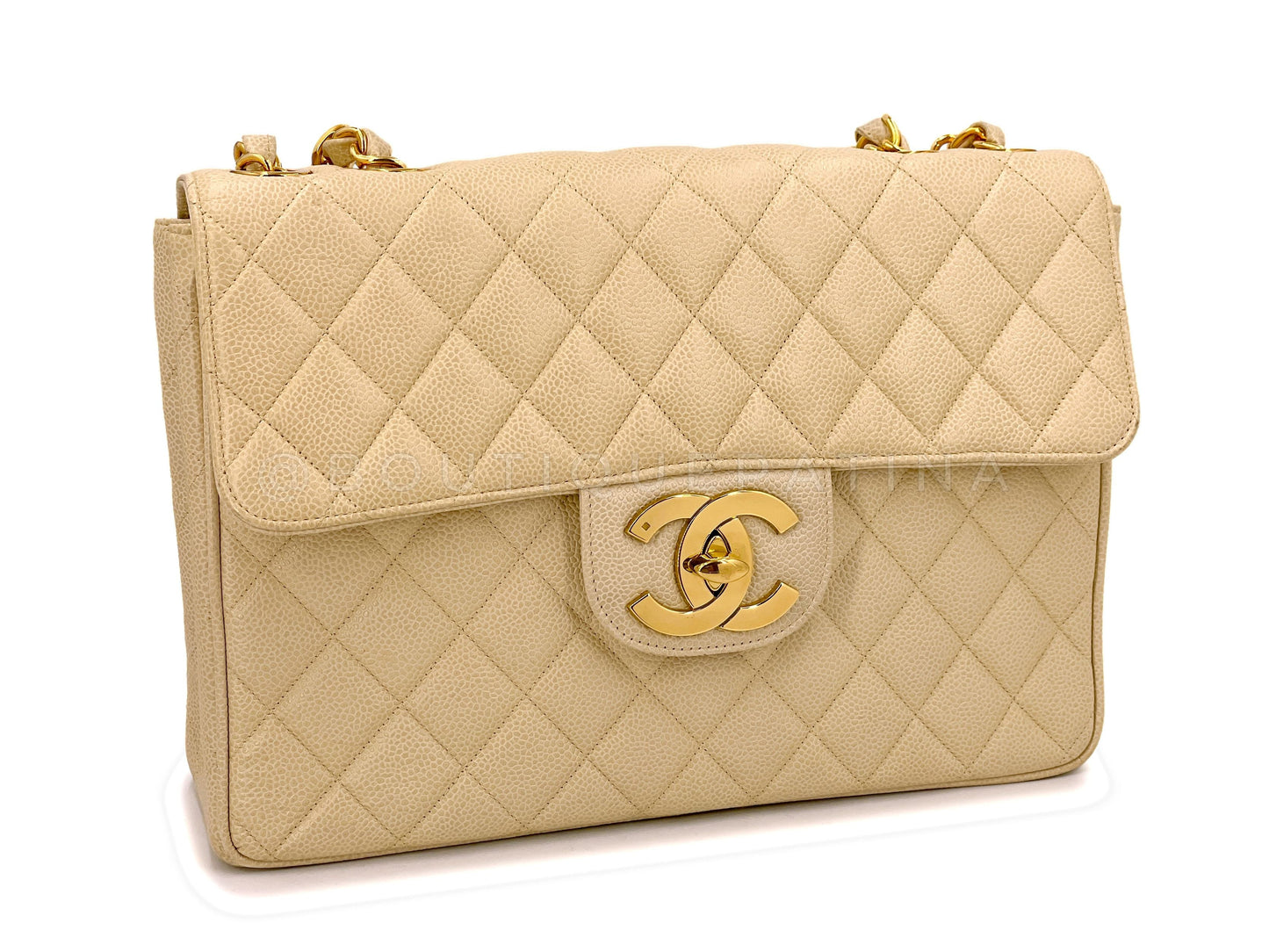 Chanel 1994   Light Beige Caviar Jumbo Classic Flap Bag 24k GHW