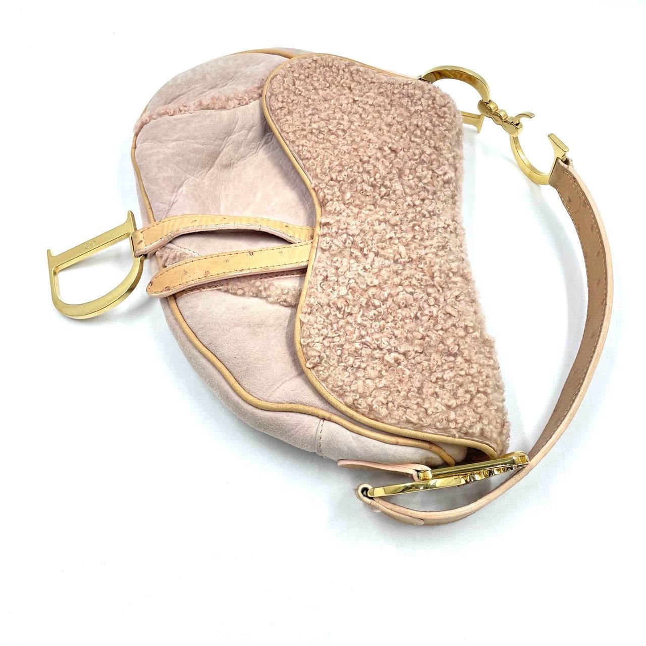 Dior Saddle   Shoulder Bag Medium Shearling and Ostrich Leather Pink