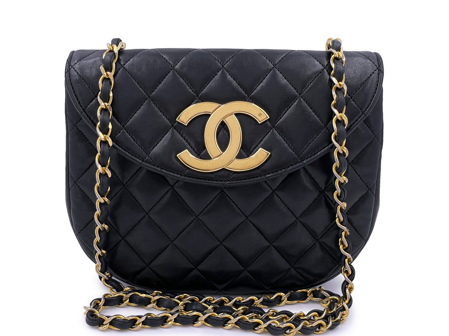 Chanel 1989   Round Half Moon Flap Bag 24k GHW Black