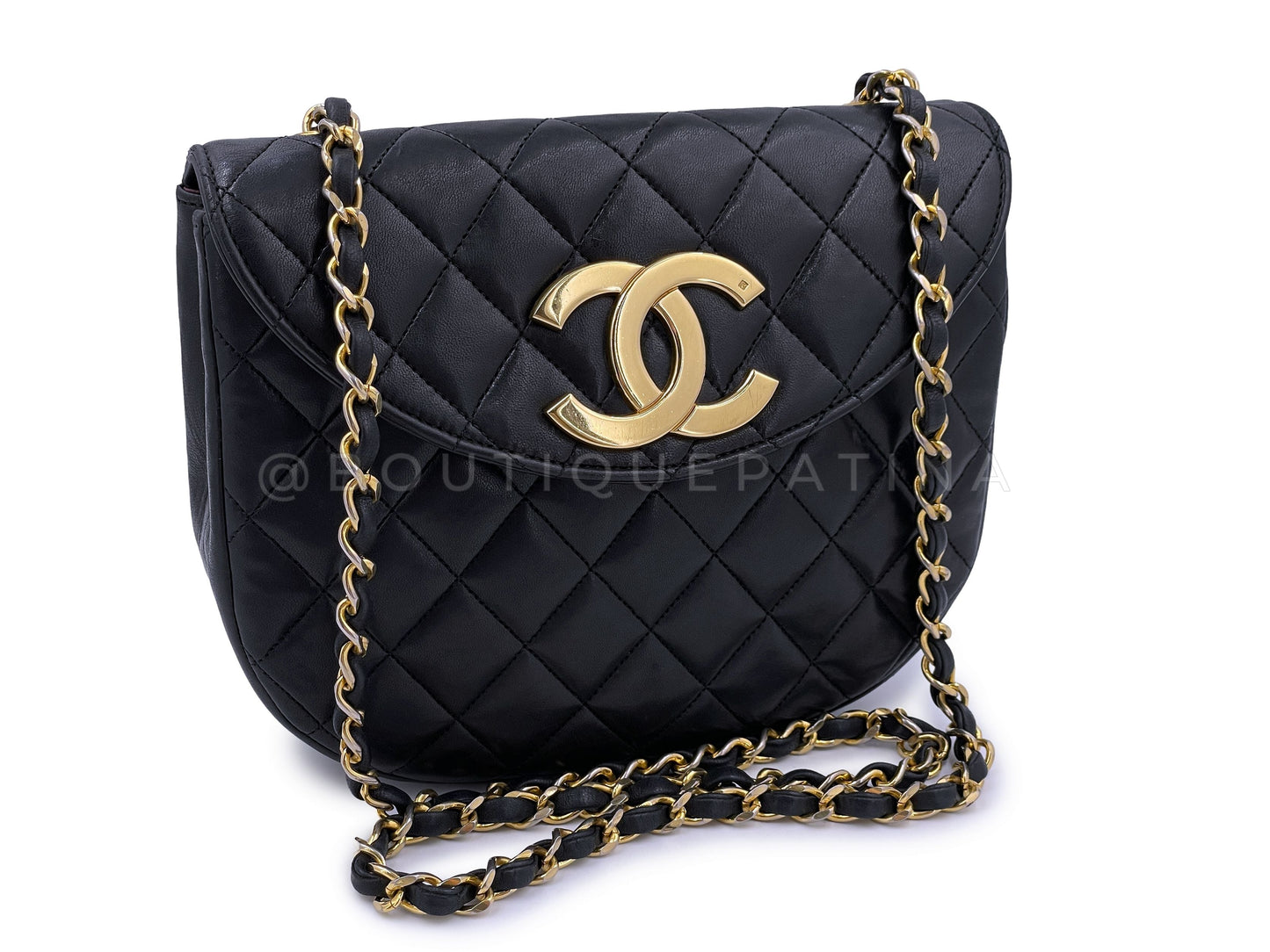 Chanel 1989   Round Half Moon Flap Bag 24k GHW Black