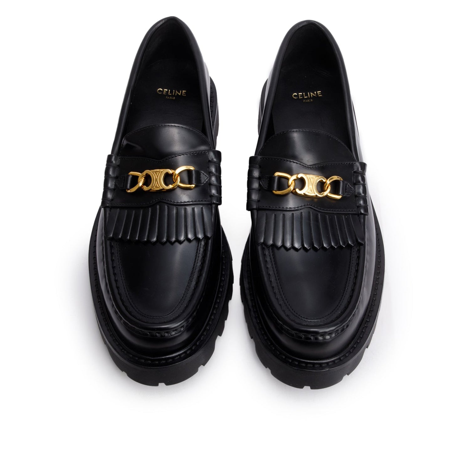 Celine Black Polished Bull Triomphe Chain Margaret Loafer, Size 41