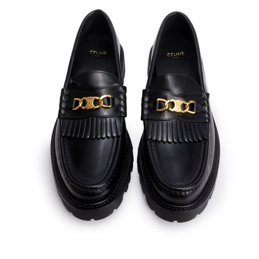 Celine Black Polished Bull Triomphe Chain Margaret Loafer, Size 41